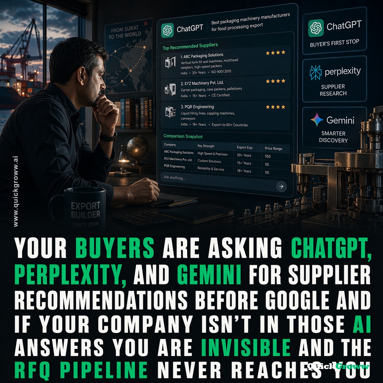 40% of my supplier research now happens on ChatGPT before I even open Google. | QuickGroww — AI Visibility for B2B Exporters | quickgroww.ai