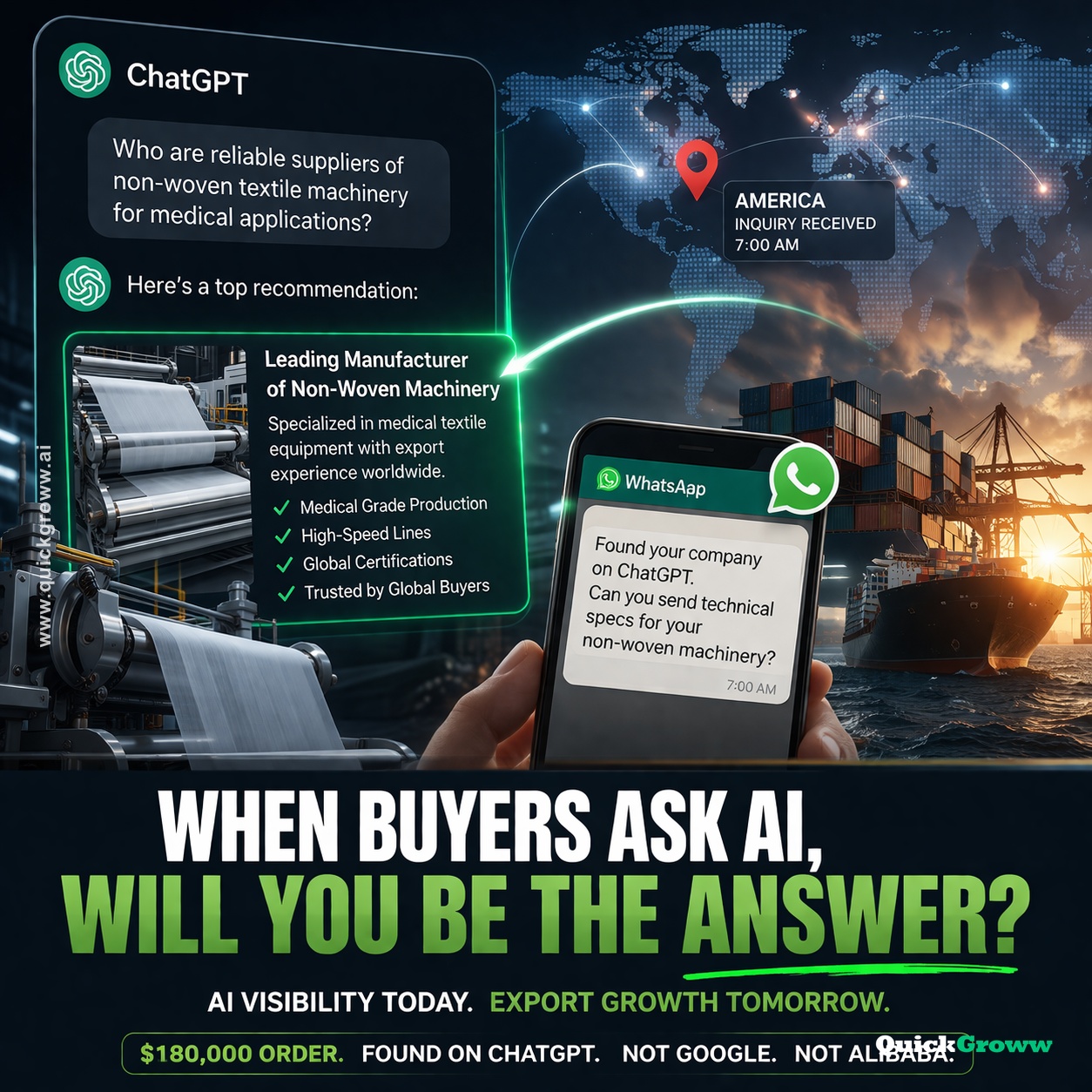 The first AI-sourced inquiry came from a medical company in America. | QuickGroww — AI Visibility for B2B Exporters | quickgroww.ai