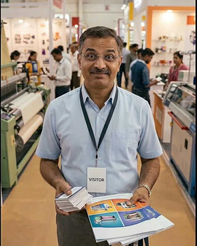 A visitor at an expo holding a stack of visiting cards and catalogues, looking worried