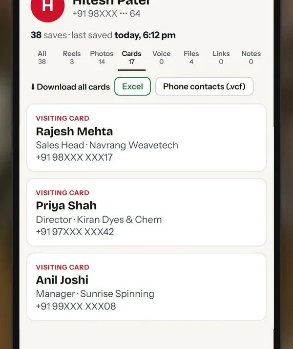 Saved visiting cards in potlee.app