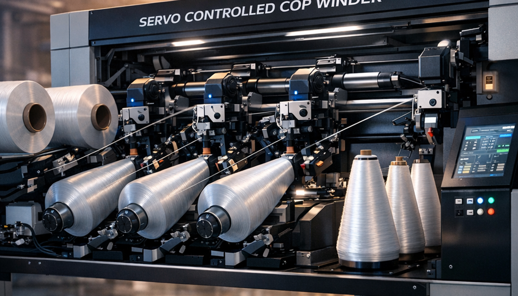 Advanced servo-driven cop winder for filament yarns including PP, Polyester, Nylon, FDY & DTY. PLC-controlled precision winding with consistent tension.