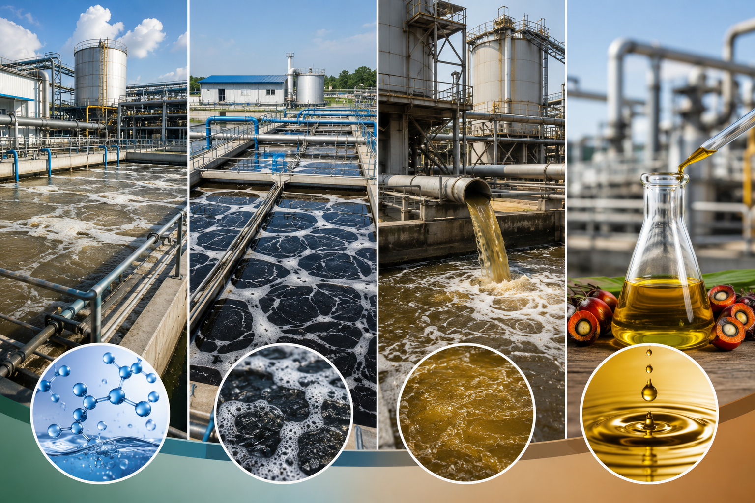 Edible Oil water and wastewater treatment covering ammoniacal nitrogen removal, ETP biological treatment, and industrial wastewater treatment, plus 1 other application.