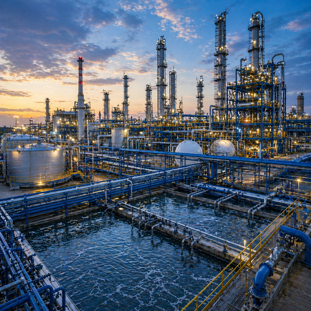 Petrochemical water and wastewater treatment covering ammoniacal nitrogen removal, boiler water treatment, and drinking water purification, plus 10 other applications.