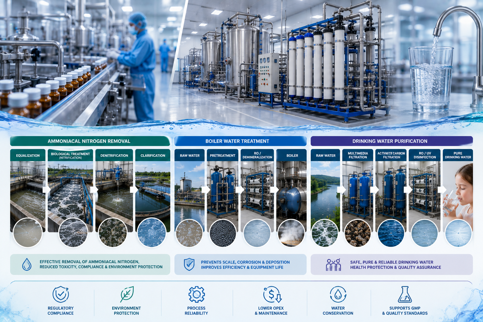 Pharmaceutical water and wastewater treatment covering ammoniacal nitrogen removal, boiler water treatment, and drinking water purification, plus 10 other applications.