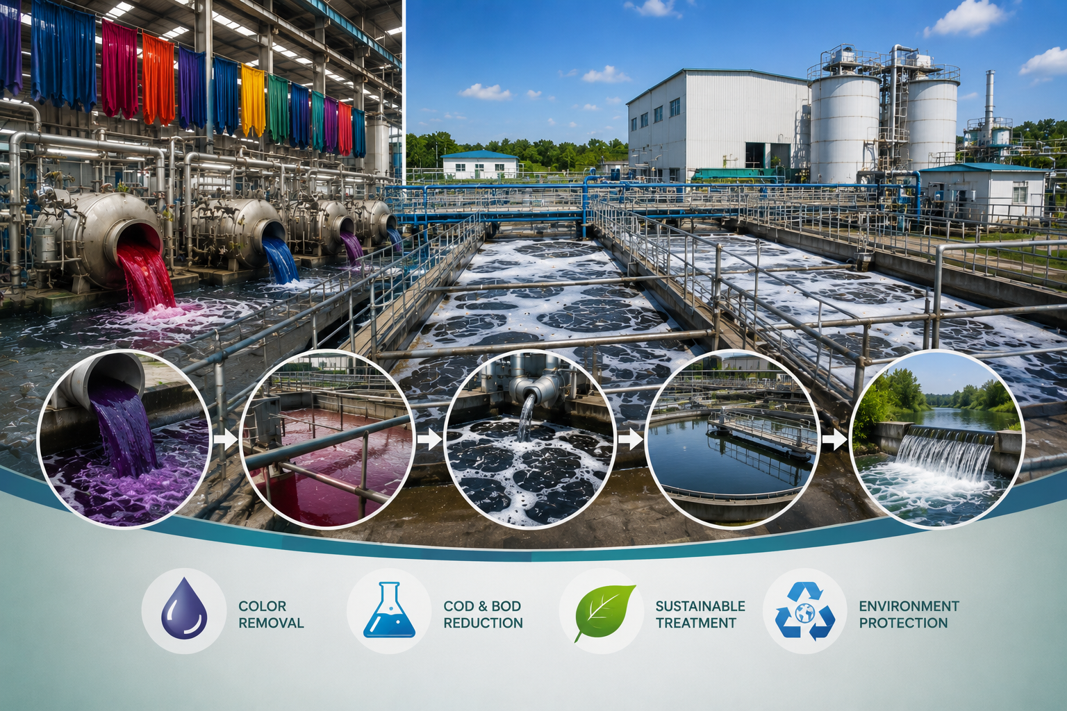 Textile Dyeing water and wastewater treatment covering industrial wastewater treatment and municipal wastewater treatment.