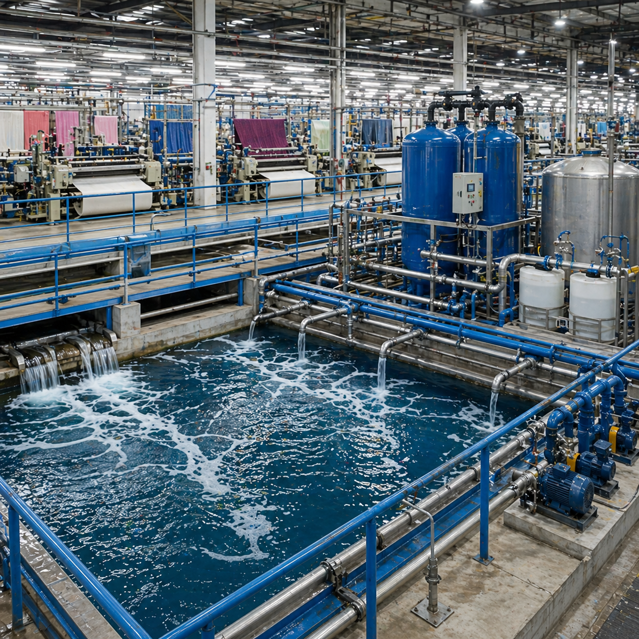 Textile water and wastewater treatment covering boiler water treatment, drinking water purification, and effluent direct reuse, plus 8 other applications.