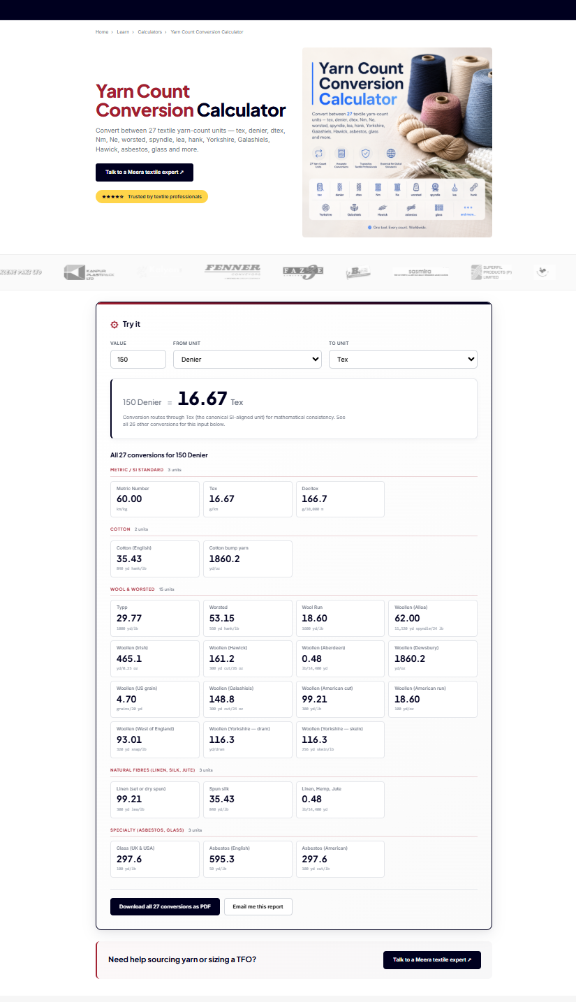Live Yarn Count Conversion calculator